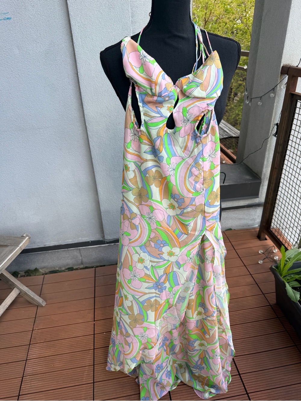 For Love & Lemons Pastel Floral Keyhole Halter Maxi Dress